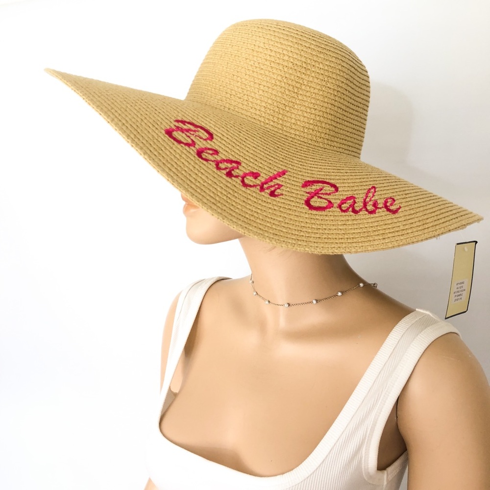 Straw Wide Brim Hat Pink Embroidery Beach Babe Packable Sun Hat